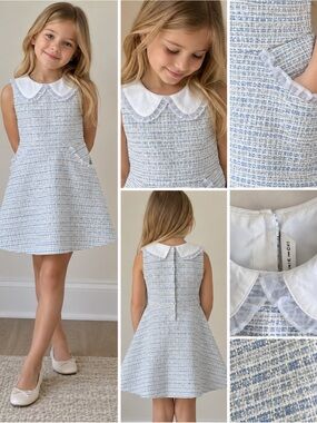 Janie and Jack Girls Blue & White Tweed Collared Dress | Size 7